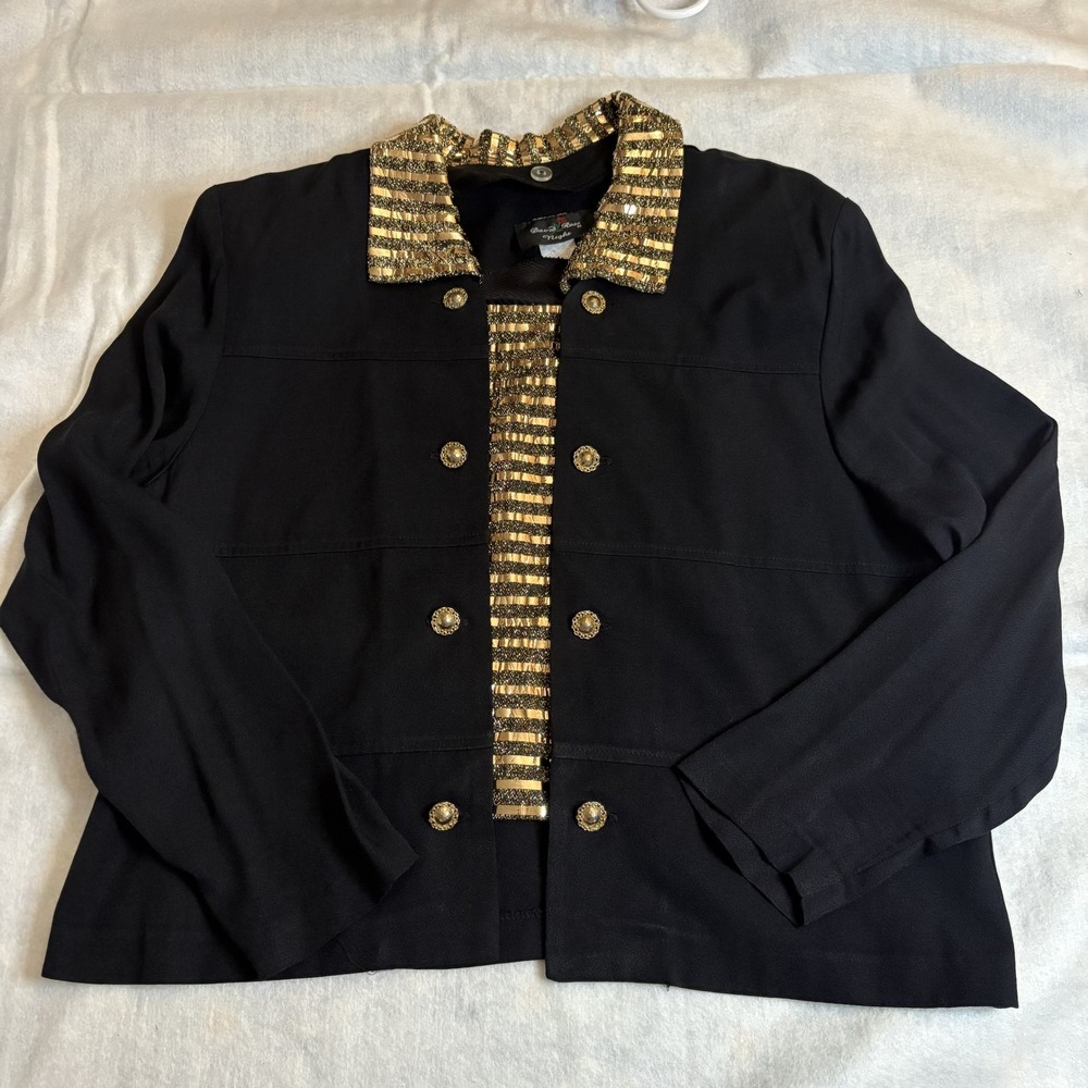 David Rose Night Jacket Gold Metallic Trim Black Formal Button Front Petite 16P